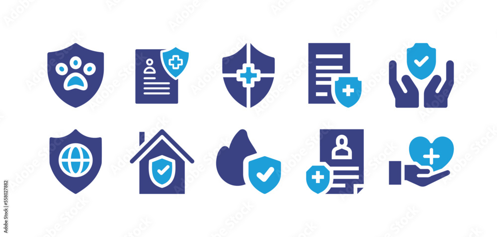 Insurance icon set. Duotone color. Vector illustration. Containing protection, insurance, safety, accident, hands, shield, house insurance, health insurance, healthcare.