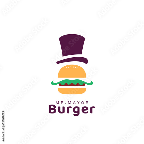 mr mayor street food burger hamburger logo with mayor hat and mustache cartoon style icon illustration