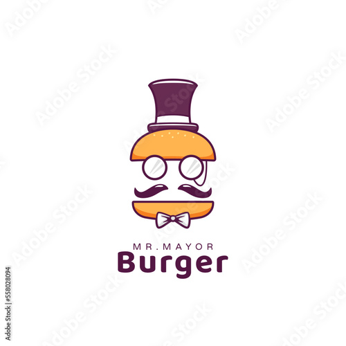 mr mayor burger food restaurant logo icon mascot with mayor hat and glasses cartoon illustration style