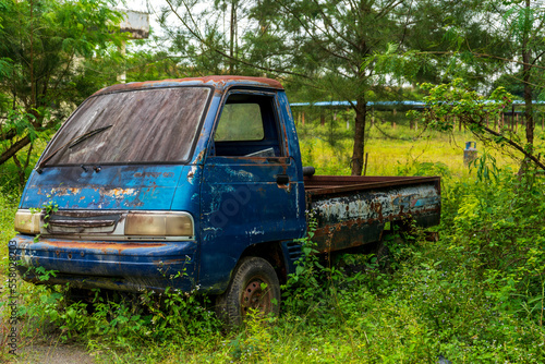 Side view of an abandoned blue pickup car in the middle of a park outdoor