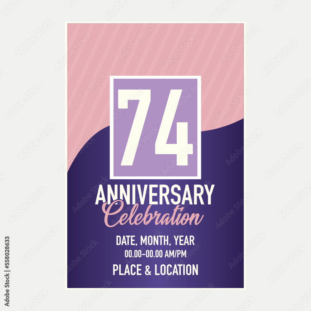 Vector 74th years anniversary vector invitation card. template of invitational for print design.
