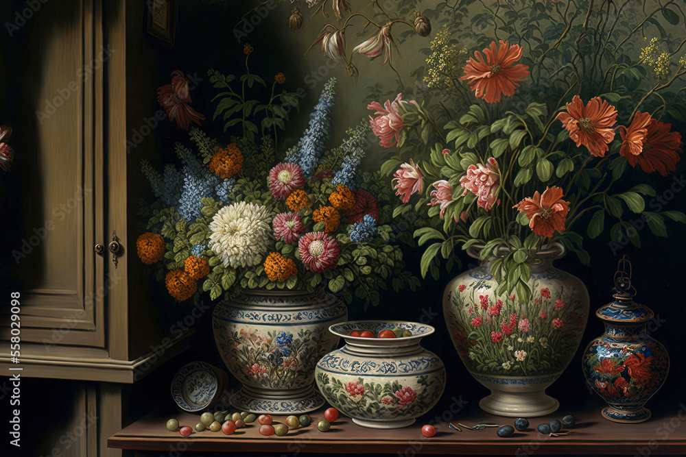A view of the numerous flowers in vases and pots perched on a cabinet and a chest of drawers. Generative AI