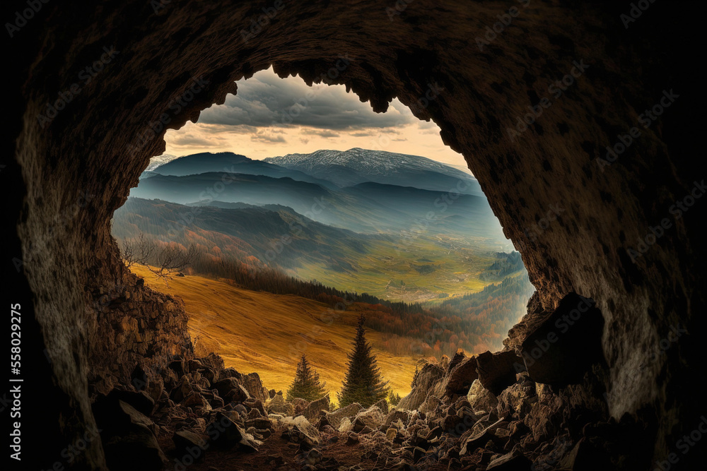 Padurea Craiului mountains can be seen from Vadu Crisului cave. Romania, Apuseni. Generative AI