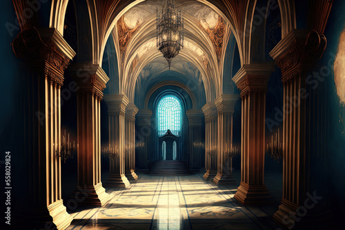 Interior of a grand palace hall. Background fantasy. Conceptual art Genuine Illustration. Background of video games. Digitized painting. CG artwork picture of a scene. Realistic Painting. Picture of a