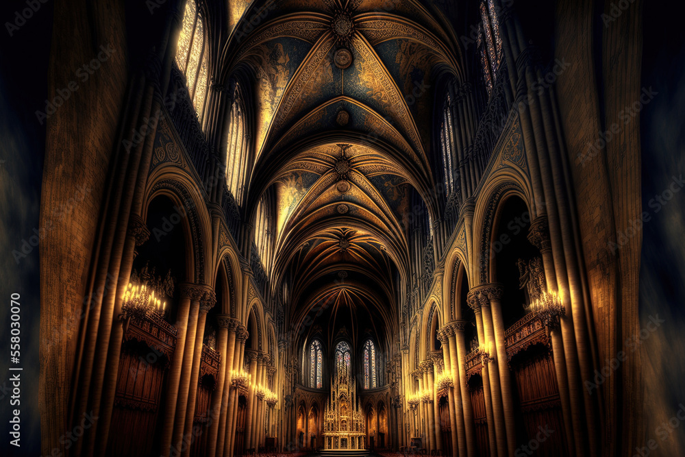 The interiors and architectural aspects of the Notre Dame des Victoires church in Paris, France, on March 18, 2014. Generative AI