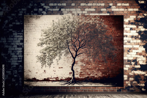 tree and old brick background. Generative AI