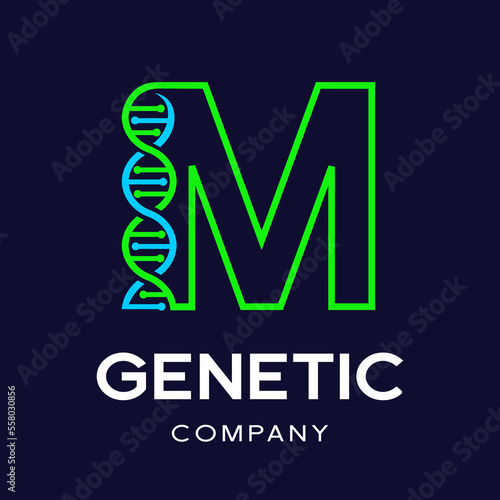 Letter M Genetic DNA vector logo template. Design with chromosome symbol. This logo is suitable for research, science, medical, logotype, technology, lab, molecule, protein, nucleus, spiral.