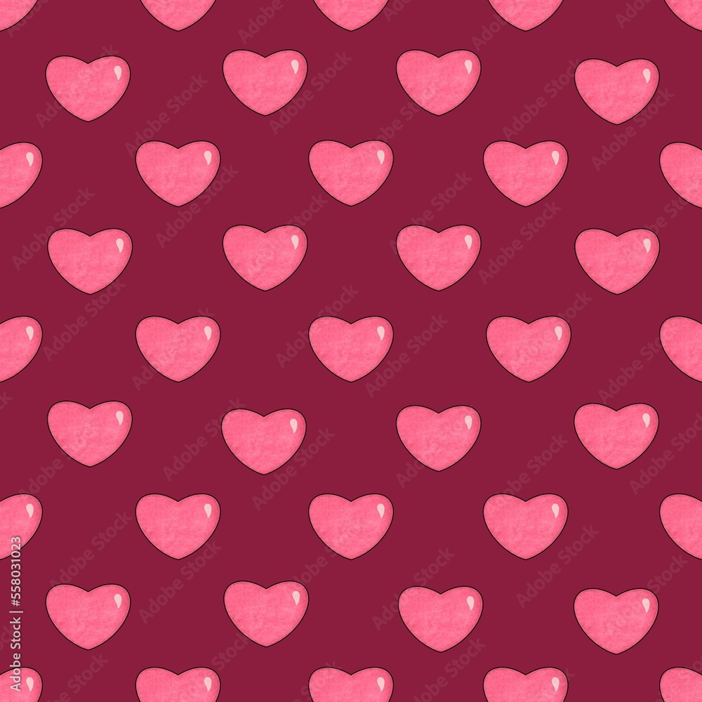 Love hearts seamless pattern. Textured romantic endless backdrop. Pink hearts on dark red background.