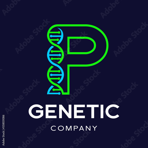 Letter P Genetic DNA vector logo template. Design with chromosome symbol. This logo is suitable for research, science, medical, logotype, technology, lab, molecule, protein, nucleus, spiral.