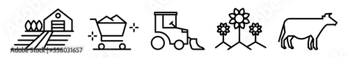 Conjunto de iconos de granja. Agricultura orgánica, agropecuaria, tractor. Ilustración vectorial