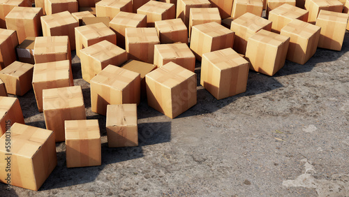 Cardboard boxes  Paper parcel boxes on ground Flat lat. 3D Render. Business ecommerce logistic concept idea