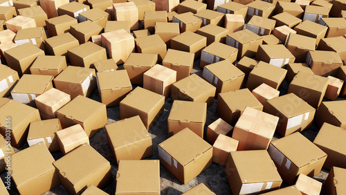 Cardboard boxes  Paper parcel boxes on top view on ground Flat lat. 3D Render. Business ecommerce logistic concept idea.