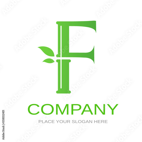 Bamboo F letter or alphabet vector logo template. This logo with symbol and leaf. Green color and suitable for business and culture of china.