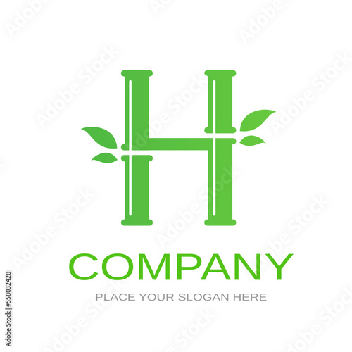 Bamboo H letter or alphabet vector logo template. This logo with symbol and leaf. Green color and suitable for business and culture of china.
