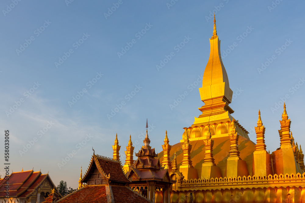 Naklejka premium Pha That Luang is gold large Buddhist stupa and the most important national monument in Laos and national symbol, Vientiane, Laos.