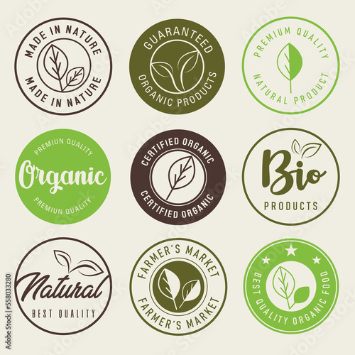 Organic food, natural product and healthy life logo, stickers and badges.