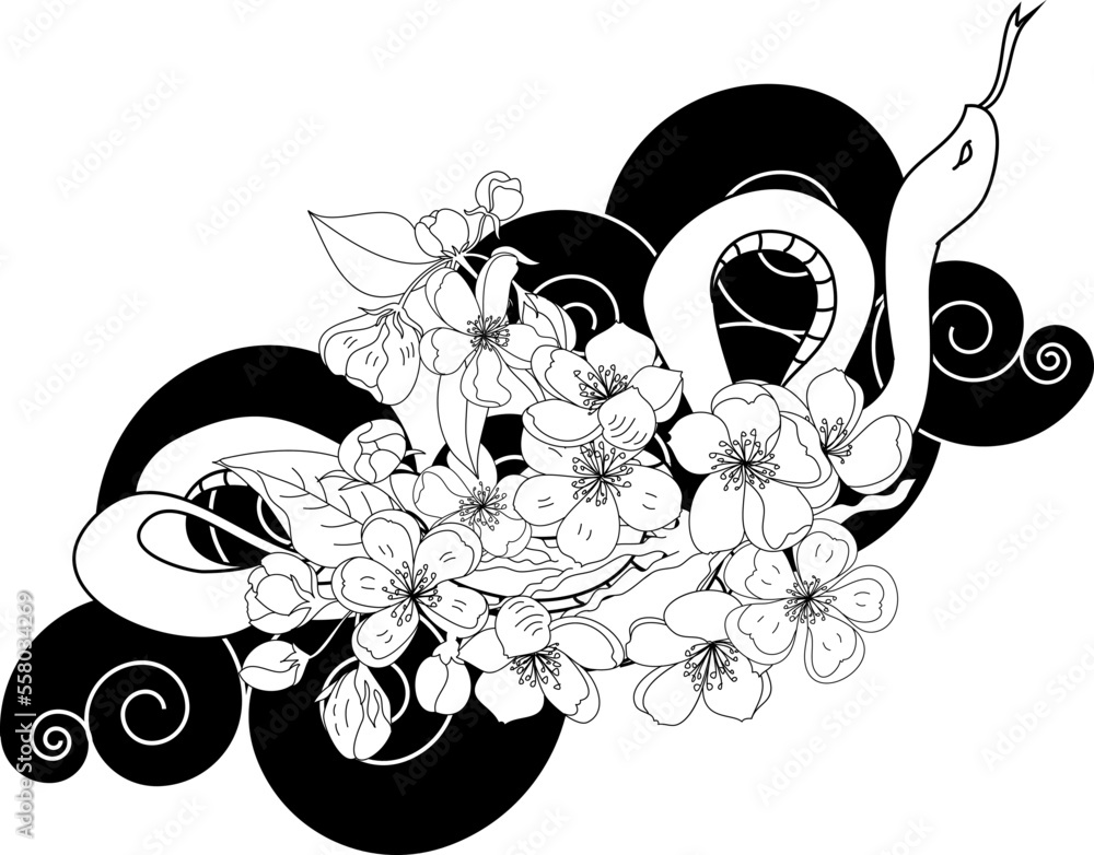 beautiful snake vector with flower Japanese tattoo design.red Snake ...