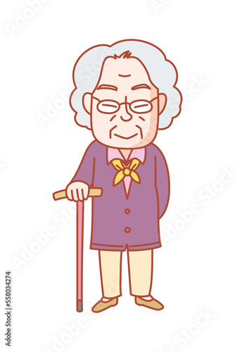 杖をついた70代くらいの女性。足を悪くしたが、毎日散歩をかかさない。日頃の気持ちの持ちようが健康の秘訣だと思っている。