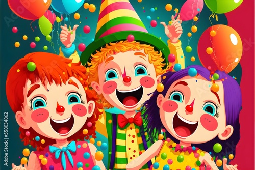 Happy children at a carnival party on the street, confetti, vector.