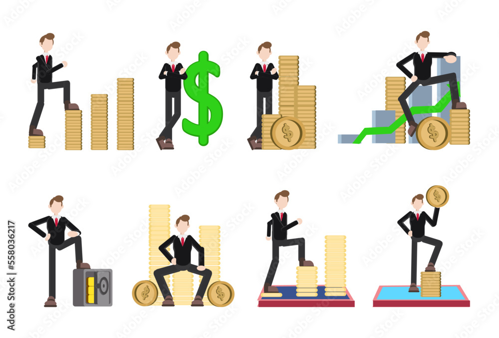 set of successful businessman or investor character illustration with gold coin and money icon symbol, success investment and growing concept