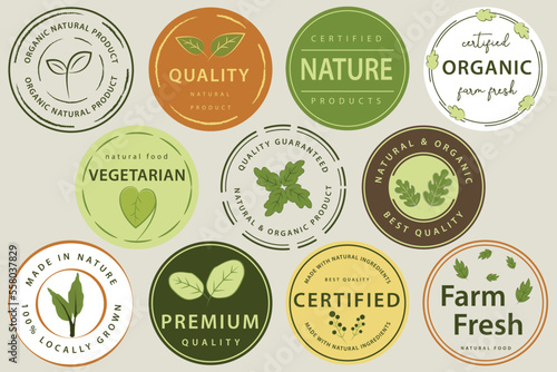 Set of logo, stickers and badges for organic food and drink, natural products, healthy life, food store and product promotion.