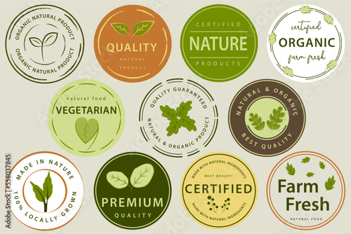 Set of logo, stickers and badges for organic food and drink, natural products, healthy life, food store and product promotion.