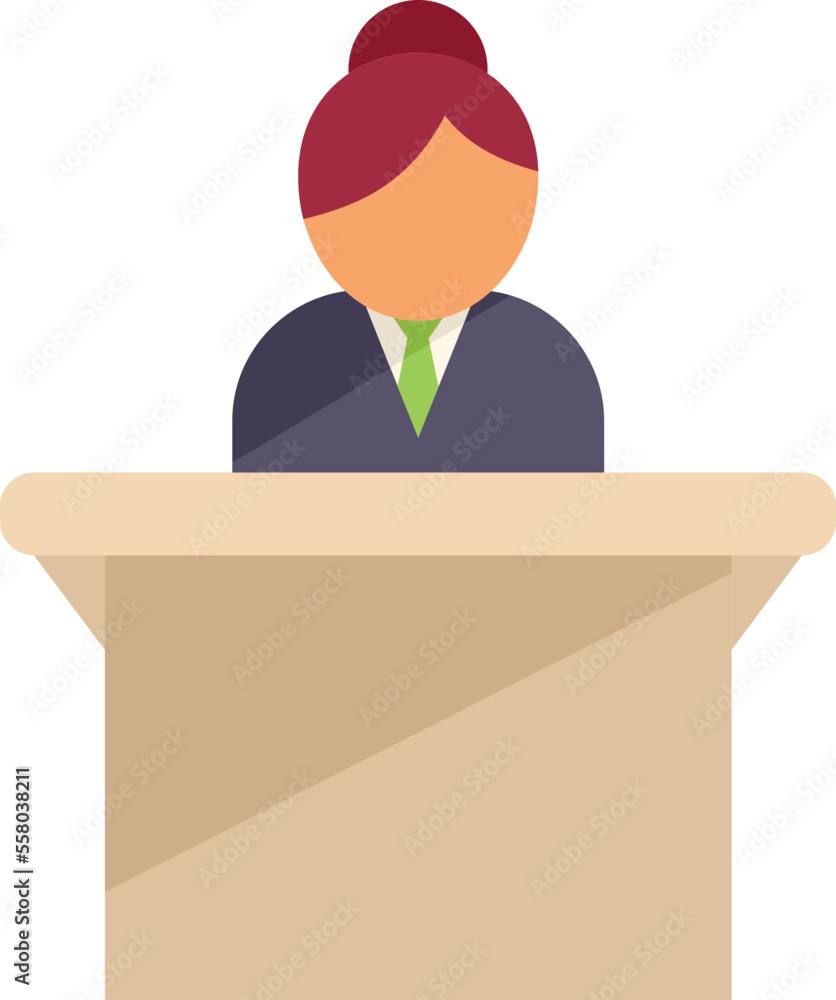 Woman speaker icon flat vector. Speech stand. Lecture stage isolated Woman speaker icon flat vector. Speech stand. Lecture stage isolated