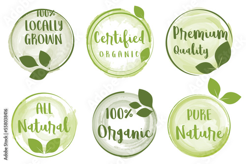Set of logo, stickers and badges for organic food and drink, natural products, healthy life, food store and product promotion.