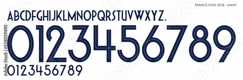 font vector team 2018 kit sport style font. football style font with lines. france font  away world cup. sports style letters and numbers for soccer team