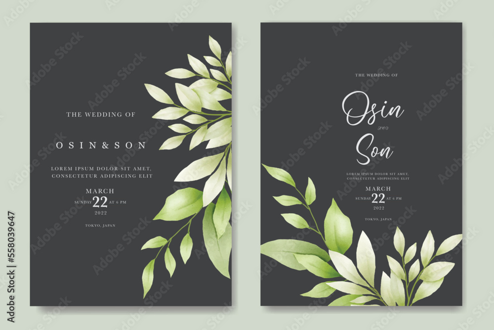 watercolor green leaf Wedding Invitation card