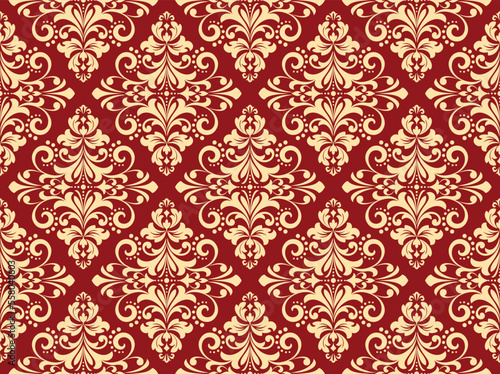 Floral pattern. Vintage wallpaper in the Baroque style. Seamless vector background. Gold and red ornament for fabric, wallpaper, packaging. Ornate Damask flower ornament
