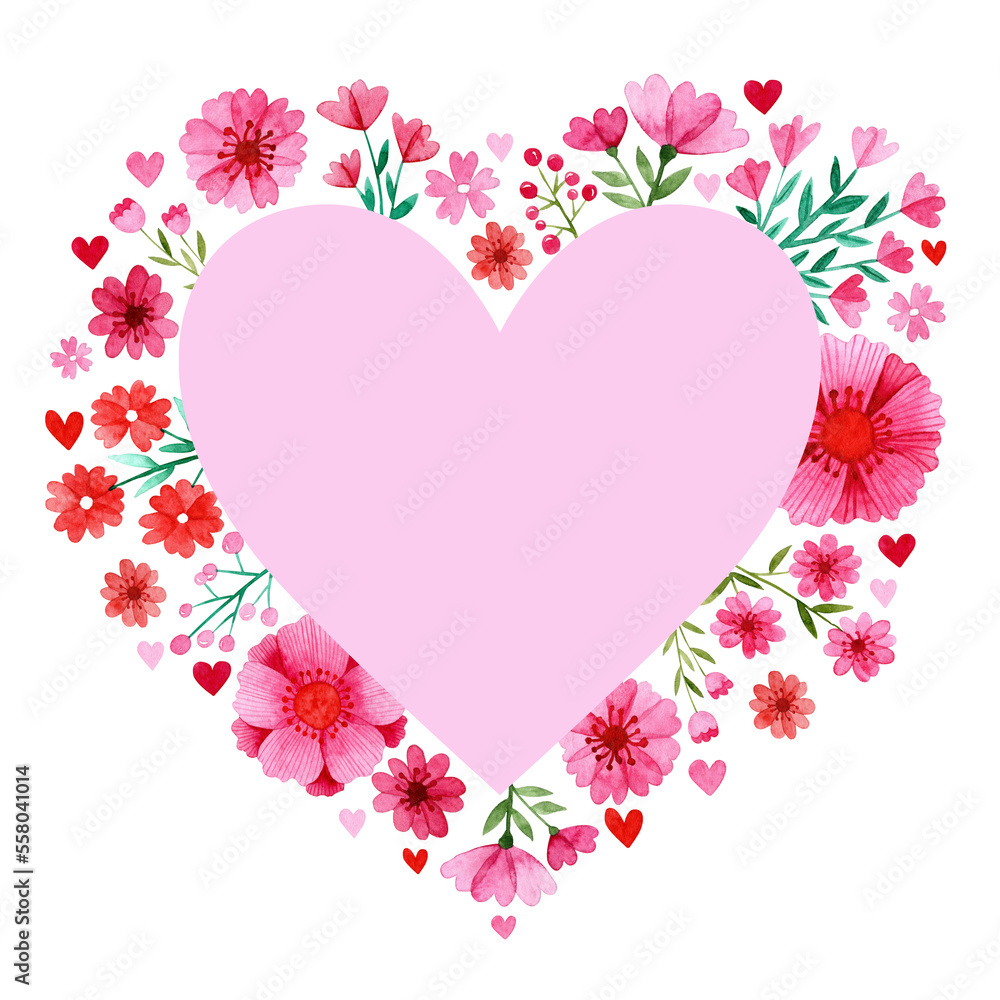 Watercolor florals in pink and red surrounding a pink heart with space for text. Illustration for design, print or background.
