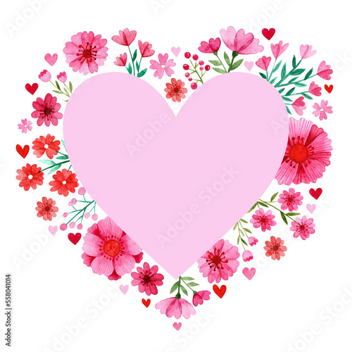 Watercolor florals in pink and red surrounding a pink heart with space for text. Illustration for design, print or background. © Kaitlyn