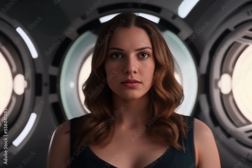 Close up of a serious women inside a space station Close up of a serious women inside a space station
