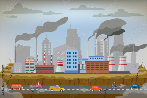 Industrial chimneys with heavy smoke causing air pollution