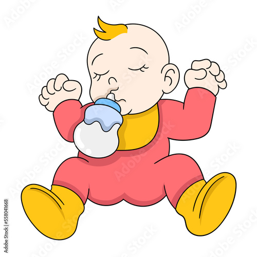 blonde haired newborn baby sleeping while drinking milk from a bottle