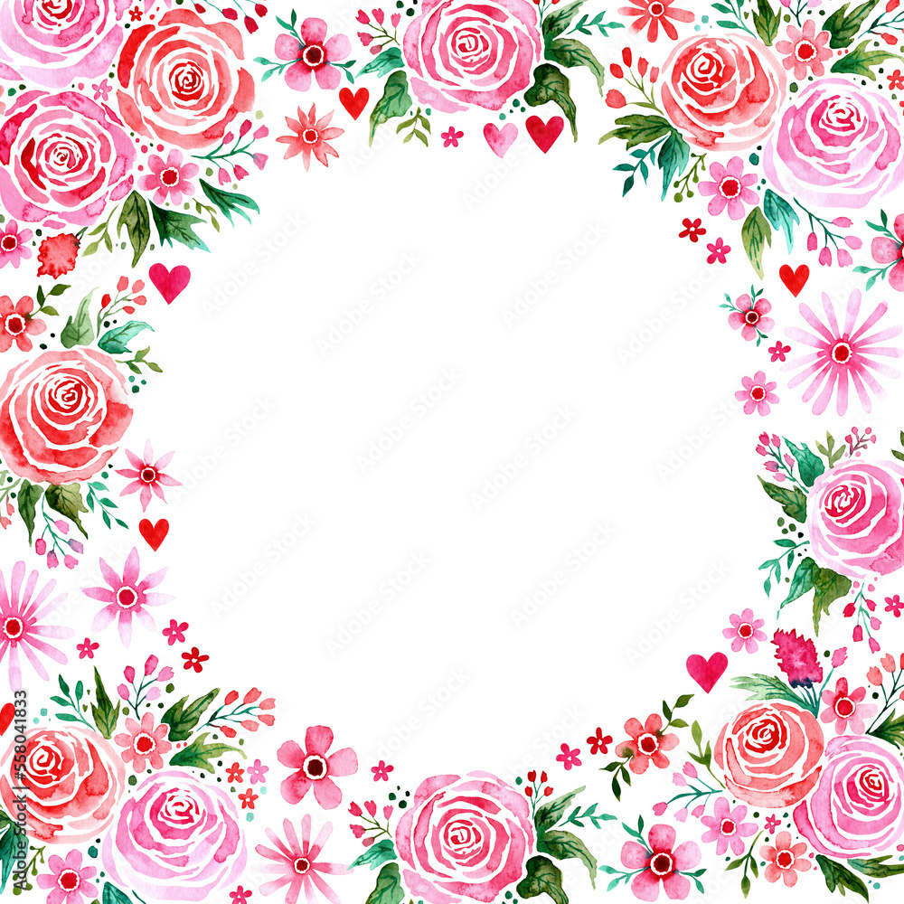Watercolor floral frame around blank space. Pink and red loose expressive flowers for valentines day or mothers day. Illustration for design, print or background.