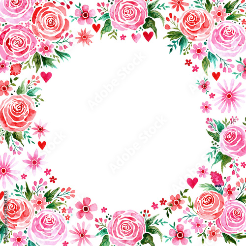 Watercolor floral frame around blank space. Pink and red loose expressive flowers for valentines day or mothers day. Illustration for design, print or background.