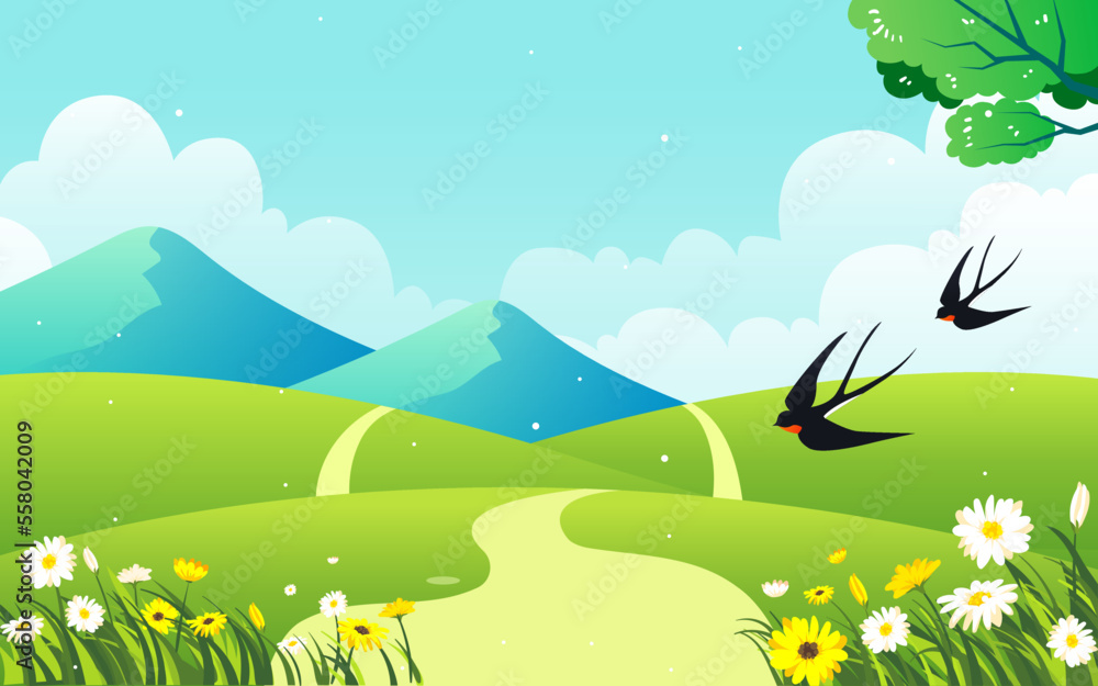 Travel outdoors in spring with mountains and meadows in the background and flowers and trees in the foreground, vector illustration
