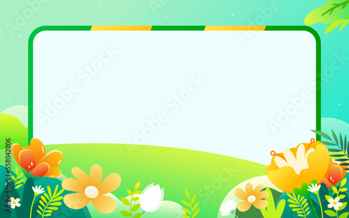 Travel outdoors in spring with mountains and meadows in the background and flowers and trees in the foreground, vector illustration