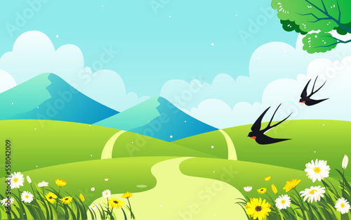 Travel outdoors in spring with mountains and meadows in the background and flowers and trees in the foreground  vector illustration