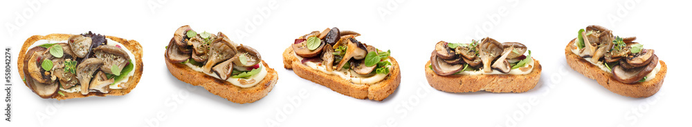 Collage of tasty toasts with cream cheese and mushrooms on white background Collage of tasty toasts with cream cheese and mushrooms on white background