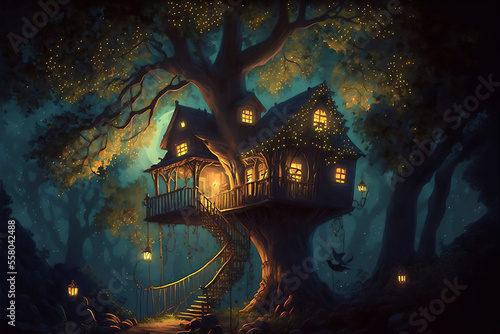 Whimsical Summer Treehouse at Night