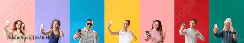 Fotografija Set of different people with mobile phones taking selfie on color background