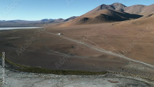 Aerial View Above Laguna Colorada Bolivian Altiplano Salt Lake Andean Cordillera Natural Wonder Landscape, Cinematic Mother Earth photo