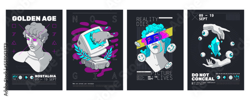 Abstract exhibition posters with trippy design in y2k style, psychedelic art with sculptures, dolphin, computer, eyeballs and crystal. Gallery invitation flyers, vector illustration