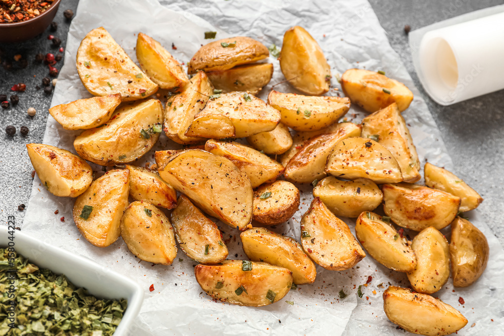 Baking paper with tasty baked potato and spices on light background, closeup Baking paper with tasty baked potato and spices on light background, closeup