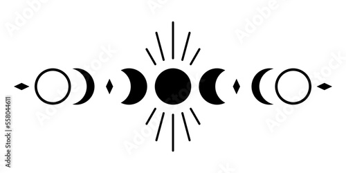 Black mysterious magic moon different phases or lunar phases with moonlight ray boho on white background vector icon design.