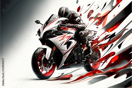  a person riding a motorcycle on a white and black background with red and white paint splattered on the bike and the bike is in the middle of the picture, with a red and black Generative AI photo