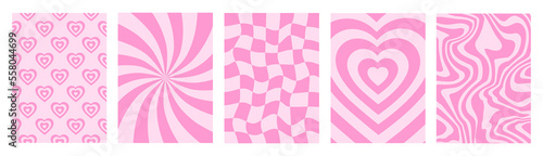 Groovy romantic set vertical backgrounds in style retro 60s, 70s. Happy Valentines day greeting card.  Vector illustration. Pink colors